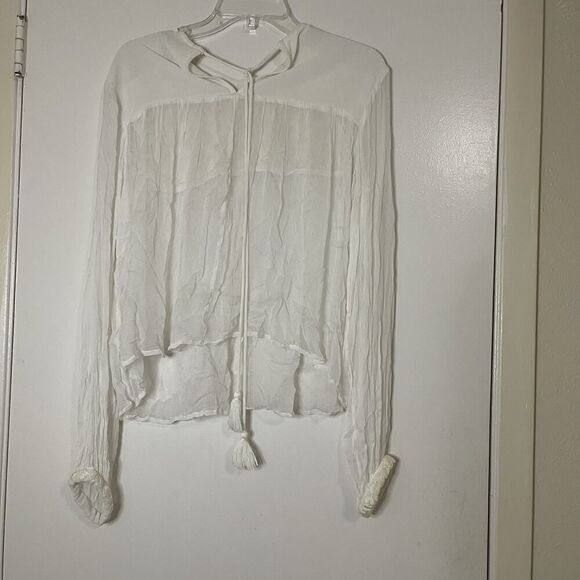 Free People white ivory beaded embroidery sheer long sleeve peasant top Small - Picture 6 of 7